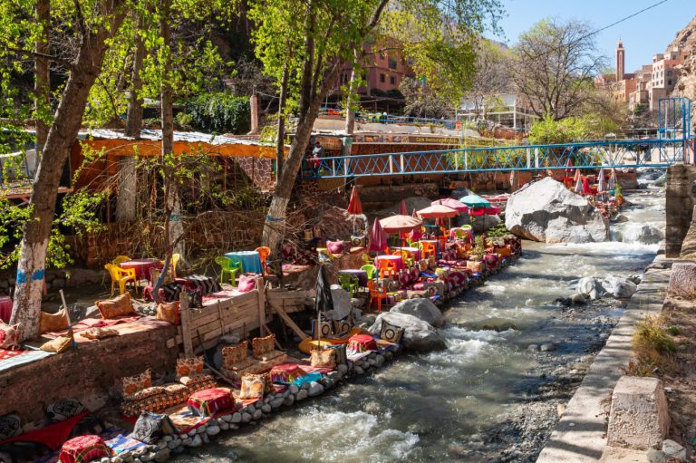 Scenic view of Ourika Valley near Marrakech, with lush landscapes and mountain backdrop.