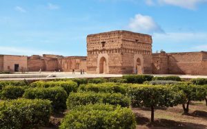 Ruins of Badii Palace in Marrakech with vast courtyards and Saadian-era design.