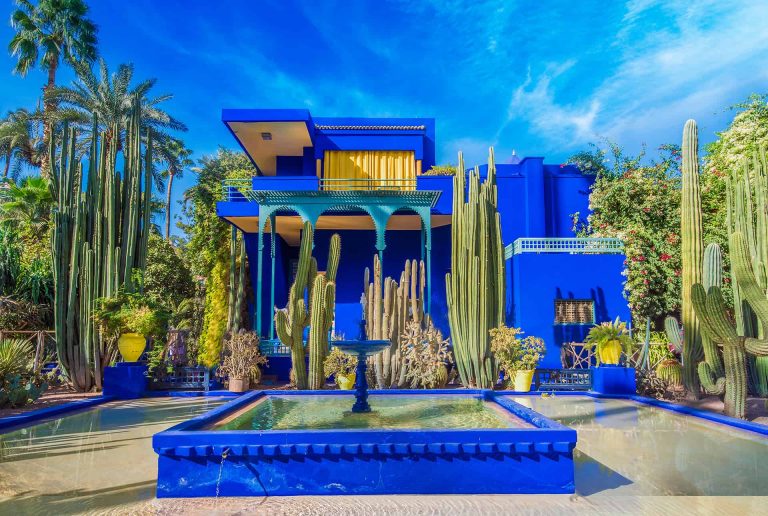 The Majorelle Garden in Marrakech, featuring its vibrant blue villa surrounded by towering cacti, lush greenery .